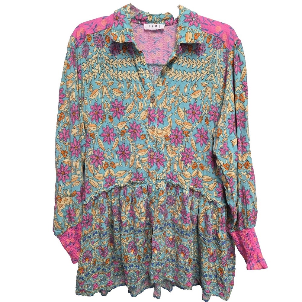 THML Anthropologie M Floral button front Top Collar Shirt Boho Hippie